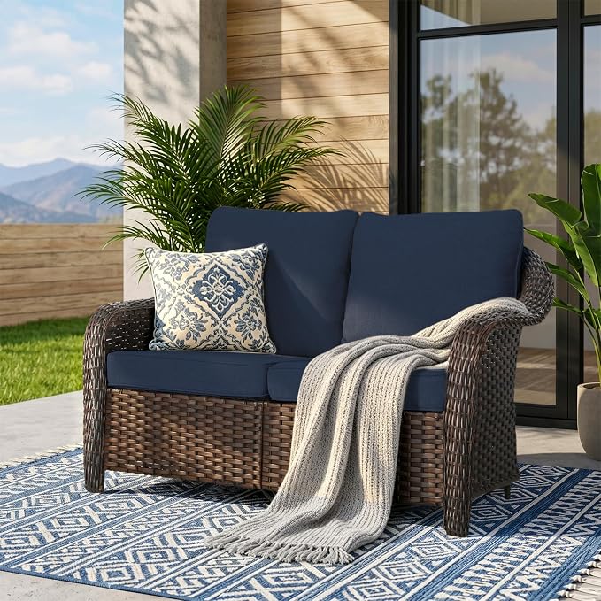 55 inch Outdoor Wicker 2 Seater Sofa, All-Weather Use Patio Rattan Loveseat with Seat and Back Cushion, Ideal for Porch, Backyard, Balcony, Poolside, Blue