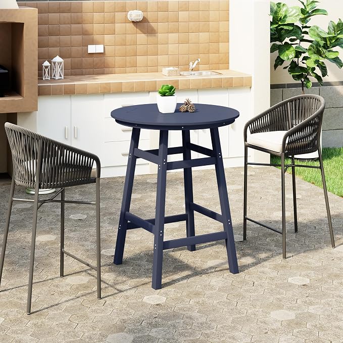 WestinTrends Malibu Outdoor 35" HDPE Round Patio Bar Height Table, Navy Blue
