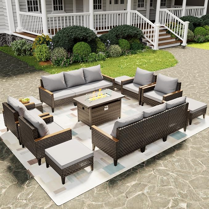 15 Piece Patio Furniture Set with 50000 BTU Propane Fire Pit Table, All-Weather Wicker Rattan Outdoor Sectional Sofa Set with High Back and Thick Cushions for Garden, Porch, Poolside, Grey
