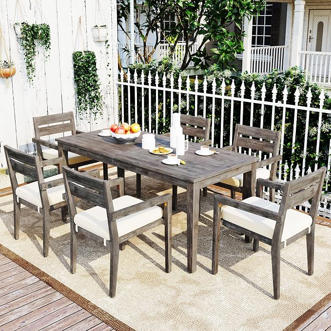 RUNNA 7-Piece Outdoor Dining Table Set with Acacia Tabletop and 6 Chairs Indoor and Outdoor Furniture Sets,for Patio, Balcony Or Backyard. (Grey@015)