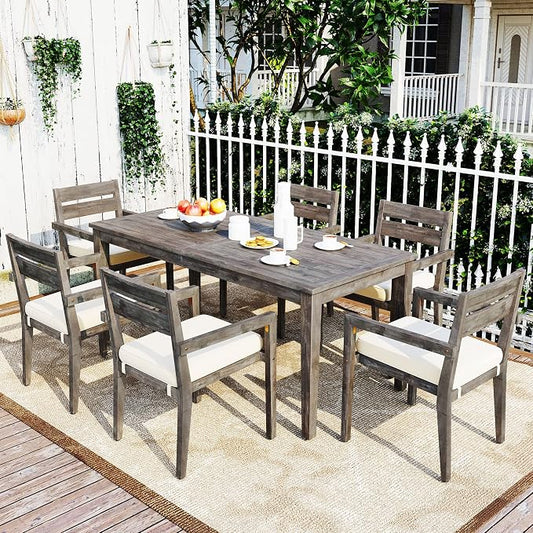 7 Piece Patio Dining Set, 70.9" Rectangular Acacia Wood Outdoor Dining Table & 6 Dining Arm Chairs with Cushion, Suitable for Outdoors and Indoors (Grey@015)