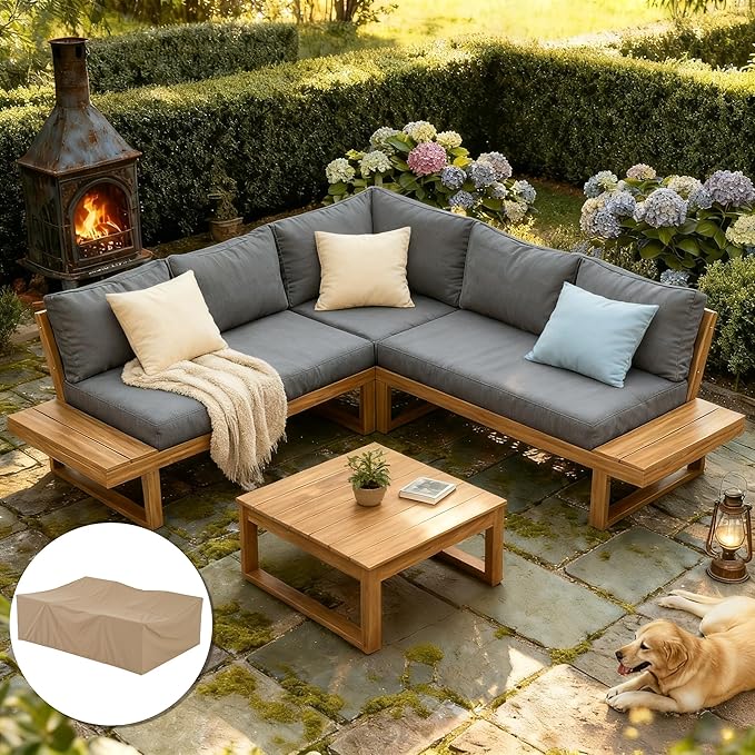 SUNSITT 4 Piece Acacia Wood Patio Furniture with Waterproof Cover, L-Shaped Outdoor Sectional Sofa Set with Coffee Table, FSC Certified Conversation Set with Built-in Side Table & Grey Cushions