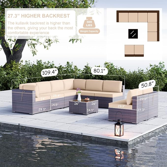 Kullavik 9PCS Outdoor Patio Furniture Set PE Wicker Rattan Sectional Sofa Patio Conversation Sets,Sand
