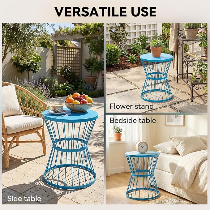 Outsunny 16" Steel Patio Side Table, Garden End Table with Hourglass Design, Accent Table for Outdoor and Indoor Use, Blue