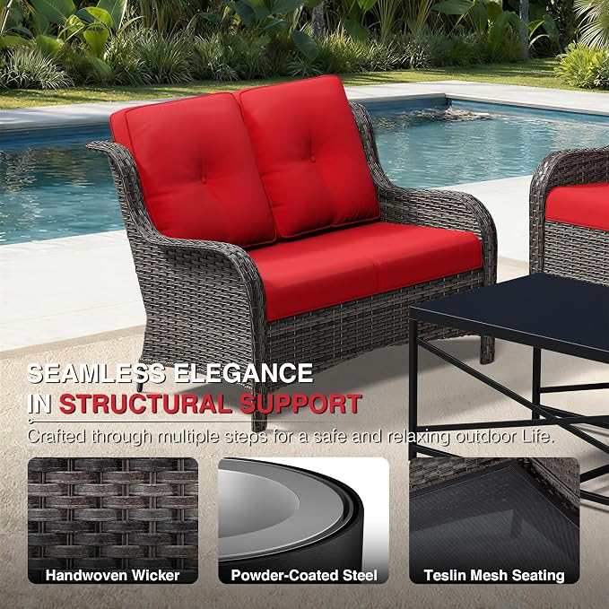 Joyside 7 Piece Wicker Patio Furniture Set, Outdoor Swivel Rocker Patio Chairs with High Back, Deep Seating, Wide Armrest, Thickened Cushions, Outdoor Furniture for Deck, Porch Use