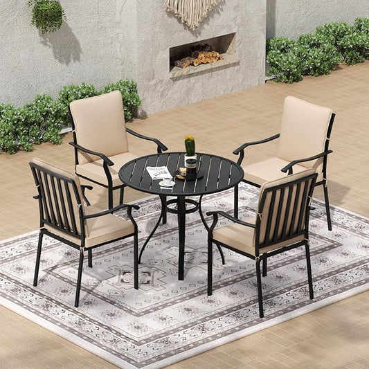 5 Piece Outdoor Patio Dining Set, 36’’ Round Dining Table with Umbrella Hole & 4pcs Metal Dining Chairs, Outdoor Furniture Dining Set for Patio, Balcony, Lawn, Garden, Backyard