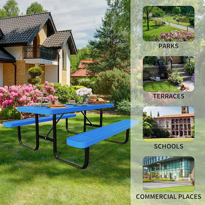 Picnic Tables for Outdoors,Commercial Metal Picnic Table Bench Set with Umbrella Hole,School Canteen Tables W/Seats - Heavy Duty Sturdy Picnic Tables Furniture for Patio Garden (Blue, 6FT)