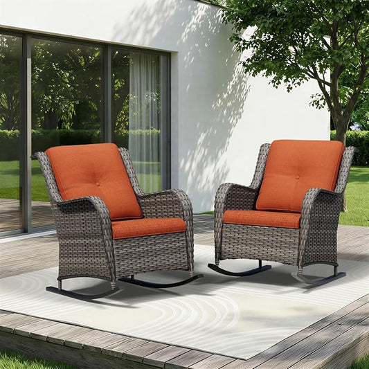 Patio Rocking Chairs Set of 2, Outdoor Wicker Patio Furniture Set 2 Pieces with Thickened Olefin Cushions, High Back and Deep Seating, Hand-Woven PE Rattan for Porch, Deck, Orange