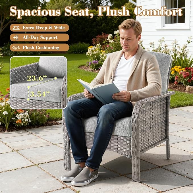 6 Pieces Patio Furniture Set, All-Weather Rattan Wicker Outdoor Furniture Loveseat Chairs with Coffee Table, High Back Conversation Set for Porch, Backyard, Balcony,Dark Grey