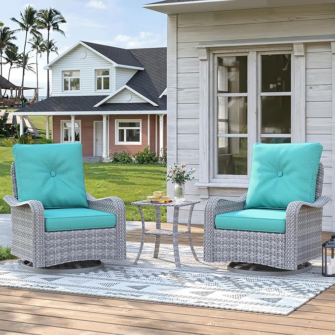 3 Piece Patio Furniture Set with Swivel Rocking Chairs, Outdoor Wicker Conversation Set with 4" Cushions, Glass Side Table, PE Rattan and Rust-Resistant Frame, Blue