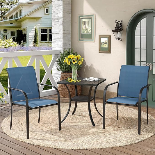 DIFY 3-Piece Outdoor Patio Bistro Dining Set, Black Small Square Dining Table & 2 Blue Stackable Metal Chairs with Breathable Fabric, Outdoor Furniture Set for Balcony, Porch, and Deck