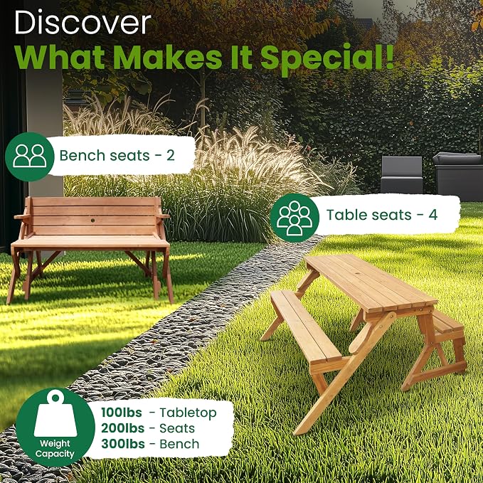 Merry Garden Interchangeable Wooden Picnic Garden Bench Outdoor Patio Dining Table, Natural,White