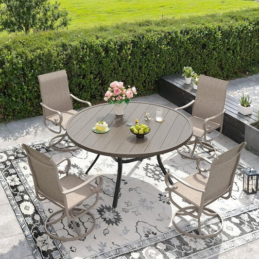 DIFY 7 Piece Outdoor Dining Set for 6, 53.1" Grey Wood-Like Round Metal Dining Table with Umbrella Hole and Swivel Patio Chairs with Sandshell Textilene, Patio Table and Chairs Set for Garden Backyard