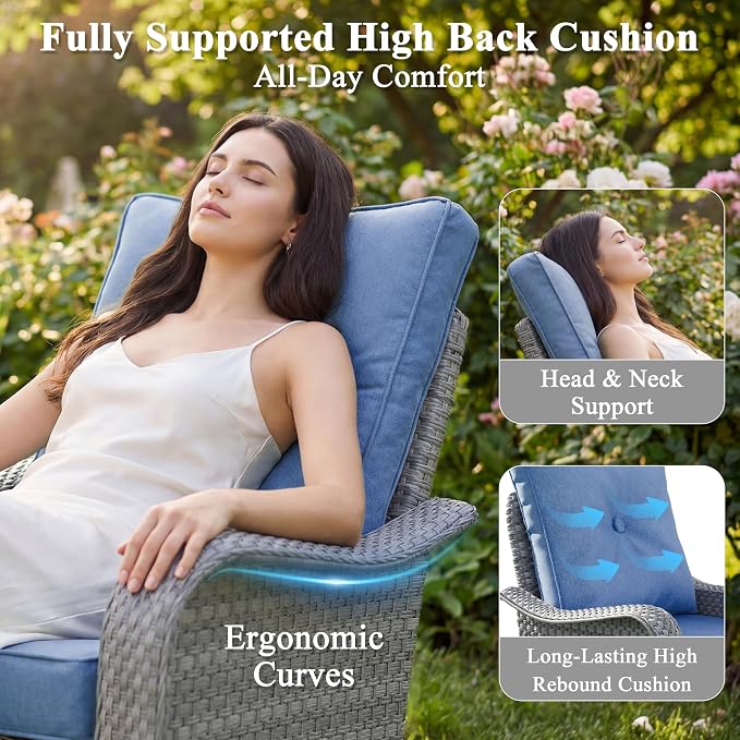 6 Piece Wicker Patio Furniture Set, Swivel Rocking Chairs with 4''Cushions, PE Rattan, Rust Resistant Frame, Double Layer Glass Side Table, for Backyard, Deck or Balcony, Navy
