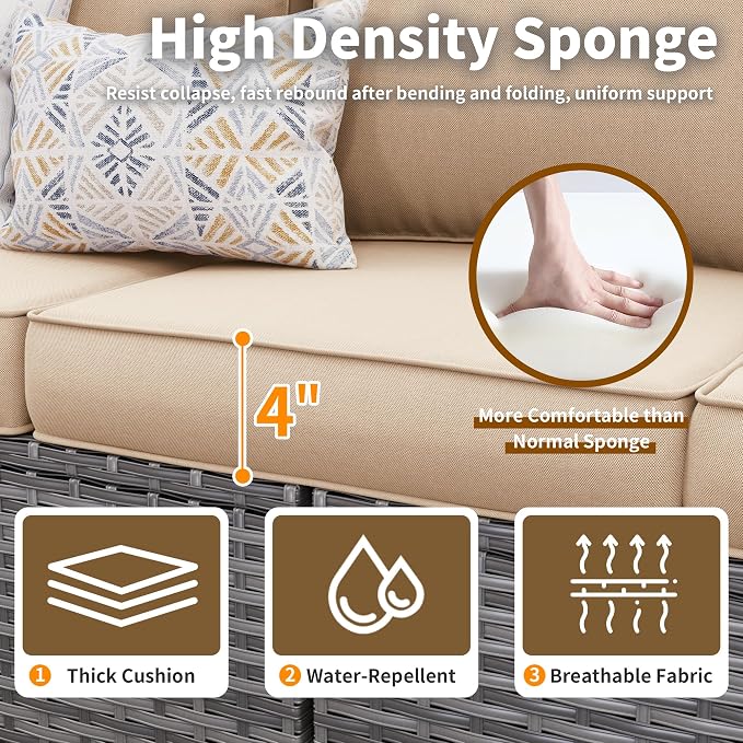 6 Pcs Patio Furniture Set with 44" Propane Gas Fire Pit Table, Rattan Outdoor Couch with Ottomans, 4" Thick Cushions for Backyard Garden Deck,Khaki