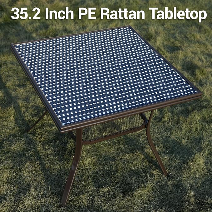 Outdoor Patio Dining Table for 4 People, 35.2" All Weather Hand-Woven PE Rattan Square Table for Garden Backyard Porch Poolside, Blue