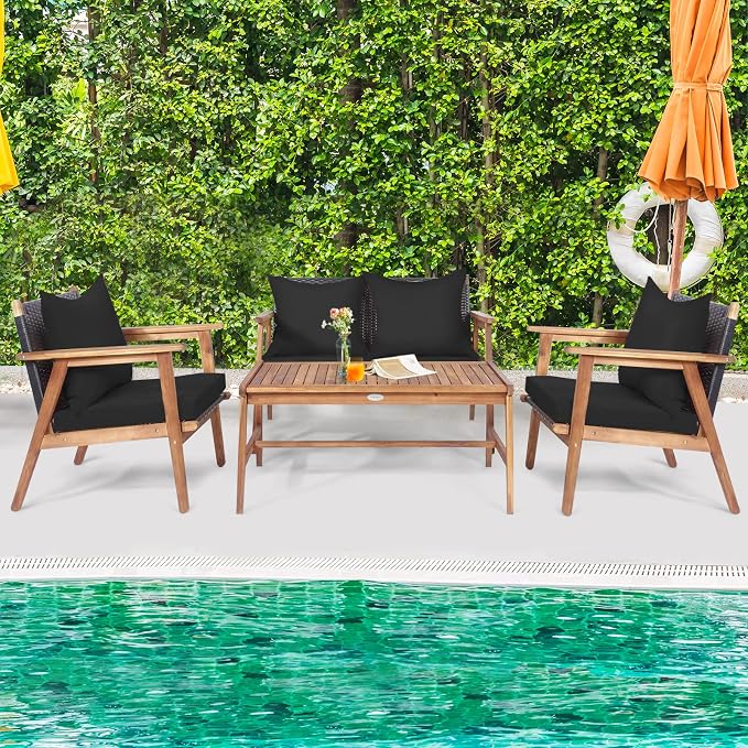 Tangkula 8-Piece Patio Furniture Set, Outdoor Acacia Wood Conversation Set with Cushions and Coffee Table, Turquoise & Black Cushion Cover Sets, Outdoor PE Wicker Sectional Sofa Set for Backyard
