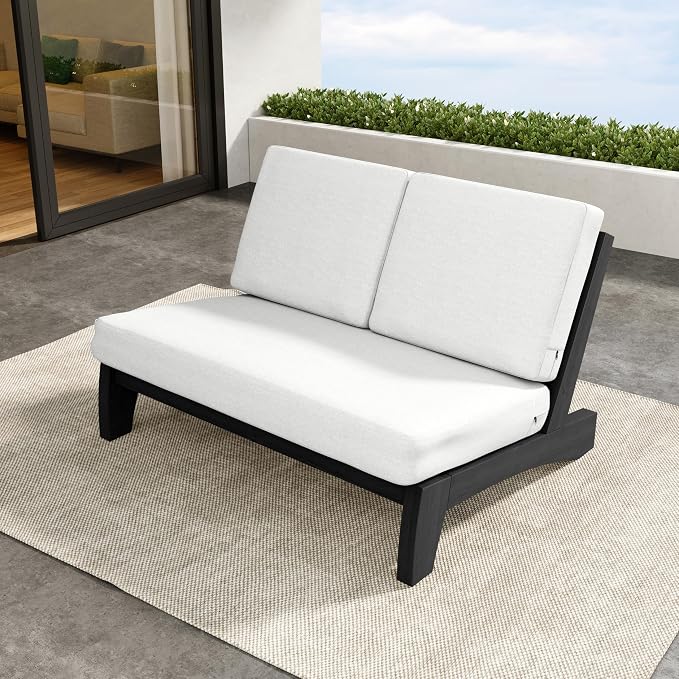 Outdoor Furniture Patio Couch, Weather Resistant Patio Loveseat Sofa Couch with Removable Cushion & Pillows, Black Wood Frame for Porch & Backyard Seating - Beige