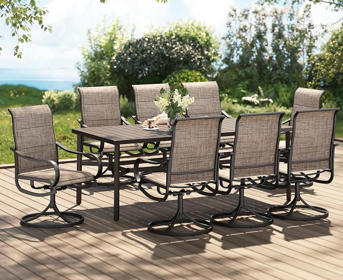 PHI VILLA 9 Piece Outdoor Dining Set W/Swivel Chairs, Grayish Brown | High back padded chairs，All weather reistant, Rectangular metal table, 8 person, Umbrella hole, Patio deck backyard