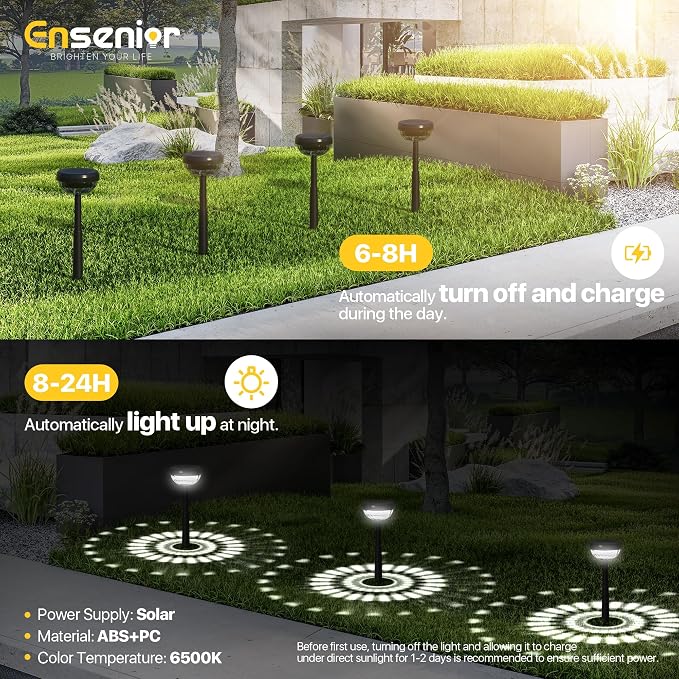 Ensenior 6-Pack Solar Lights Outdoor, Auto ON/Off 6500K LED Solar Garden Lights for Pathway, Yard, Patio, Walkway, Flower Bed, Halloween Christmas Landscape Lighting, IP65 Waterproof, Flag Lights