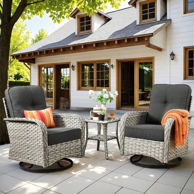 Outdoor Swivel Rocking Chairs Set of 2 with Rattan Side Table, Black