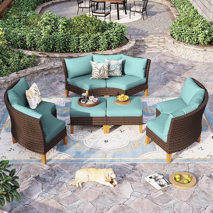 Sophia & William Outdoor Wicker Sectional Sofa Set, 8 Piece Half Moon Curved Patio Furniture Modern Outdoor Couch Conversation Set with Ottoman for Backyard, Pool, Garden(Aqua Blue)