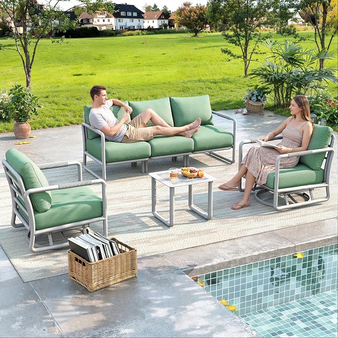 5-Seat Outdoor Aluminum Patio Set with Coffee Tables & 2 Swivel Rocking Chairs, All-Weather Conversation Sofa for Balcony, Garden (White)
