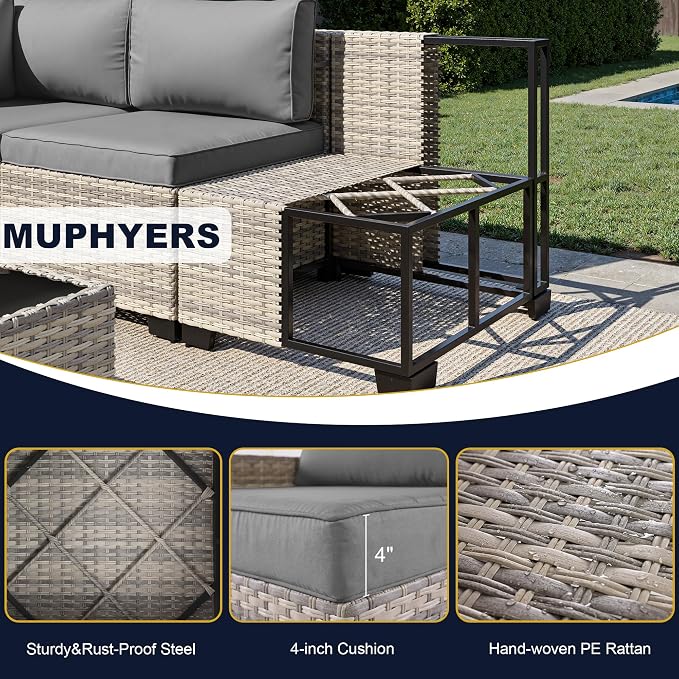 11-Piece Outdoor Patio Furniture Set with Rocking Swivel Chair, Wicker Rattan Sectional Sofa Conversation Set with 55,000 BTU Fire Pit Table, Backyard Furniture, Grey