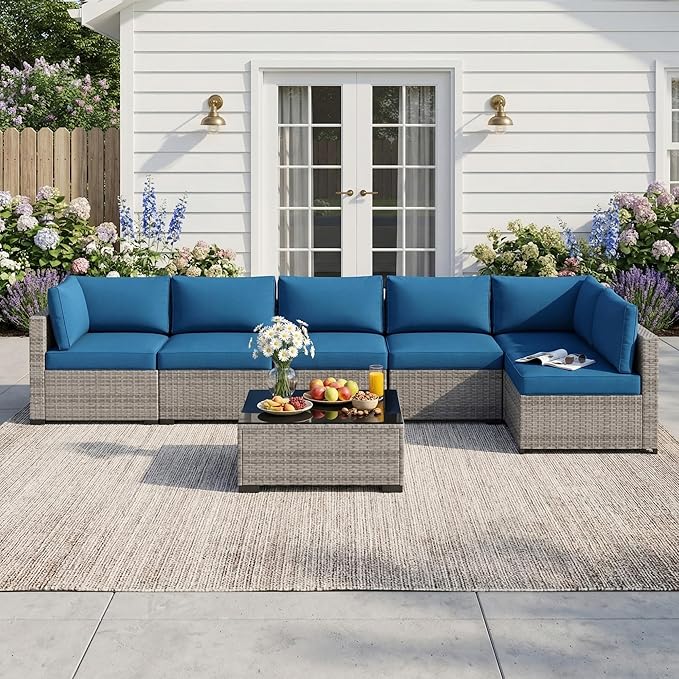 Patio Furniture Set 7 Pieces Conversation Set Wicker Outdoor Sectional Sofa,Ergonomic Armrests Couch with Cushion and Glass Table (Grey White-Peacock Blue, 7 Piece-Single)