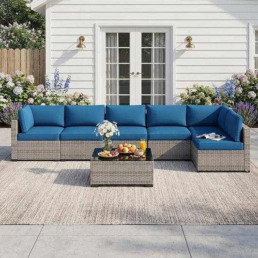 Patio Furniture Set 7 Pieces Conversation Set Wicker Outdoor Sectional Sofa,Ergonomic Armrests Couch with Cushion and Glass Table (Grey White-Peacock Blue, 7 Piece-Single)
