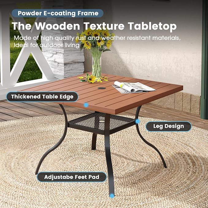 DIFY 5 Pieces Outdoor Patio Dining Set for 4, 38.6" Walnut Square Patio Dining Table with Umbrella Hole and 4 Black Metal Stackable Patio Dining Chairs for Backyard Garden Lawn