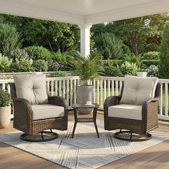 Patio Furniture Set, 3PCS Outdoor Wicker Conversation Set Porch Furniture with 6" Thick Cushions, High Back Swivel Chairs, Weather Resistant Olefin Fabric for Garden, Poolside, Beige