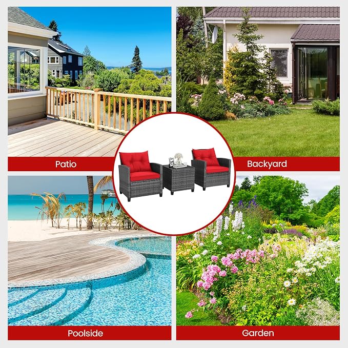 Patio Furniture Set, 3 Pcs Outdoor Wicker Conversation Set with Glass Coffee Table, Patio Chairs w/Washable Cushions, PE Rattan Outdoor Furniture Set for Porch Garden Backyard (Red)