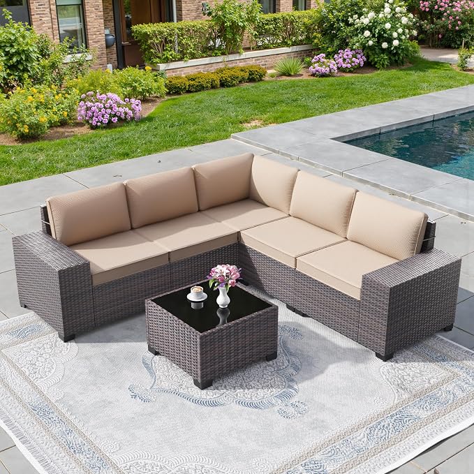 6 PCS Outdoor Patio Furniture Set,Outdoor Sectional Furniture All Weather PE Rattan Wicker Patio Conversation Set with Coffee Table and 5 Thickened Cushions,Sand