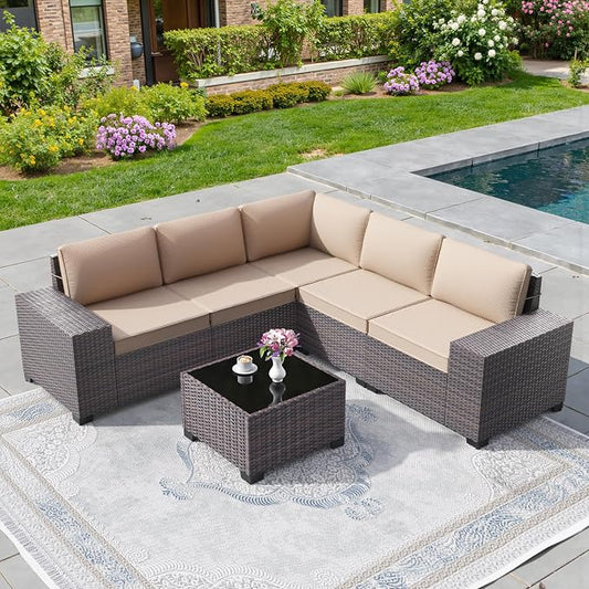 6 PCS Outdoor Patio Furniture Set,Outdoor Sectional Furniture All Weather PE Rattan Wicker Patio Conversation Set with Coffee Table and 5 Thickened Cushions,Sand