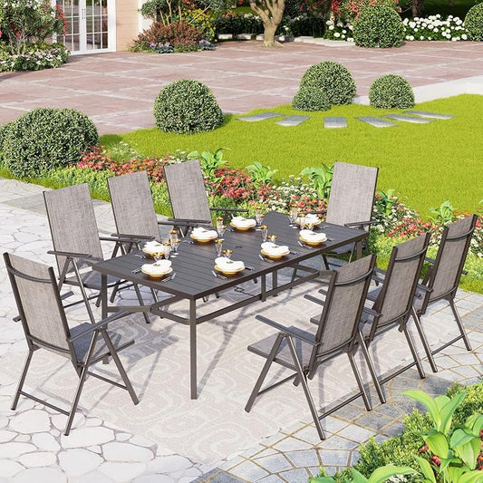 PHI VILLA Outdoor Dining Set for 8 w/Metal Table & Folding Chairs, Grey | Light-weight & space-saving, Breathable & quick-drying, Rectangular, Umbrella Hole, Weather-Resistant, Adjustable, Patio deck