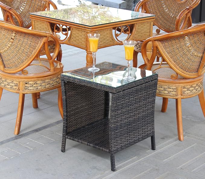 Rattan Wicker Side Table Glass Coffee Table for Outdoor Backyard Lawn Balcony Pool Square Tempered Glass Top Wicker Rattan End Table Furniture with Storage (Brown2)