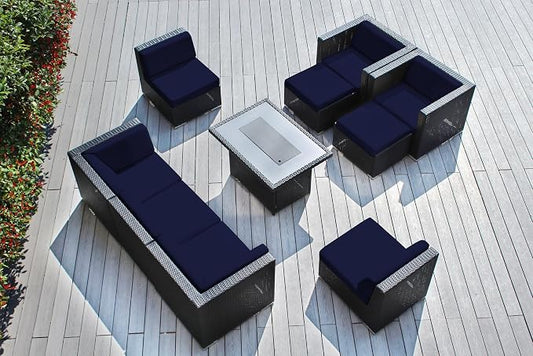 Sunbrella Navy Fully Assembled 10 Piece Ohana Outdoor Patio Furniture Black Wicker Conversation Set with Club Chairs and 42-inch Propane Gas Fire Table