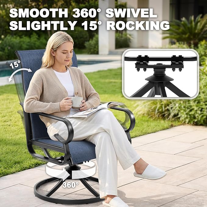NUU GARDEN 7-Piece Patio Dining Set for 6, Textilene Swivel Chairs | All-weather blue patio furniture set for 6. Breathable textilene swivel rockers. Large table with umbrella hole