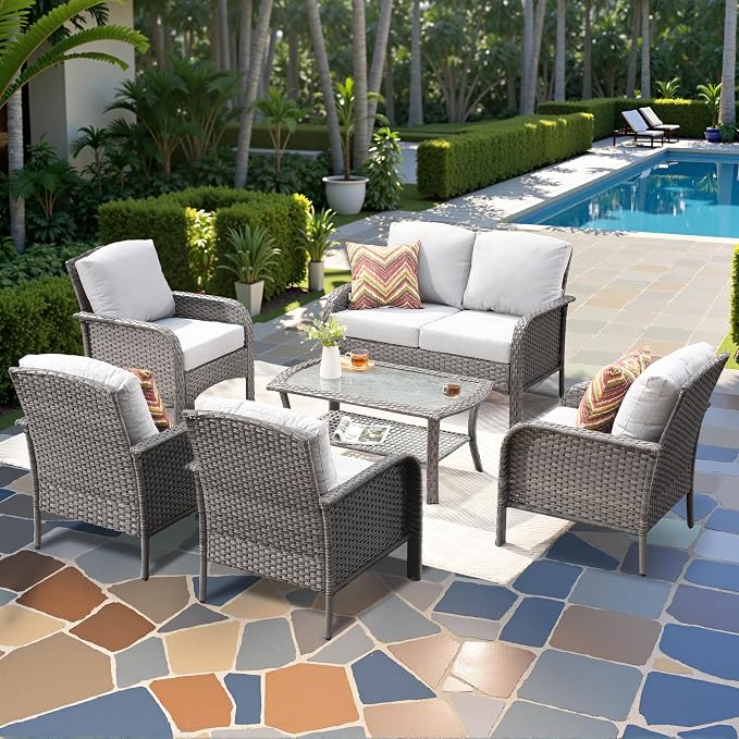 CAODOC 6-Piece Wicker Patio Furniture Set, All-Weather Rattan Conversation Bistro Loveseat Chair and Table Set for Backyard, Balcony and Deck with Soft Cushions and Metal Table(Grey)