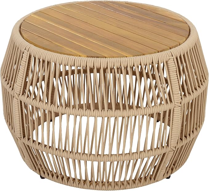 Round Acacia Wood Side Table with Light Beige Rope Frame, Teak Finish Top, 150 lbs Capacity, No Assembly Required, Weather-Resistant Accent Table for Patio Backyard Living Room