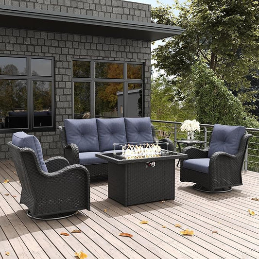 LayinSun 5 Pieces Outdoor Patio Furniture Set with Fire Pit Table, Rattan Wicker Sectional Swivel Rocker Chairs Sets with Swivel Glider Chair and Coffee Table