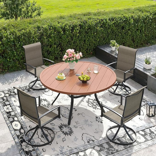 DIFY 5 Piece Outdoor Patio Dining Set for 4, 47.2" Walnut Round Metal Dining Table and Swivel Patio Chairs with Brown Padded Textilene, All-Weather Outdoor Furniture Set for Garden Backyard Porch