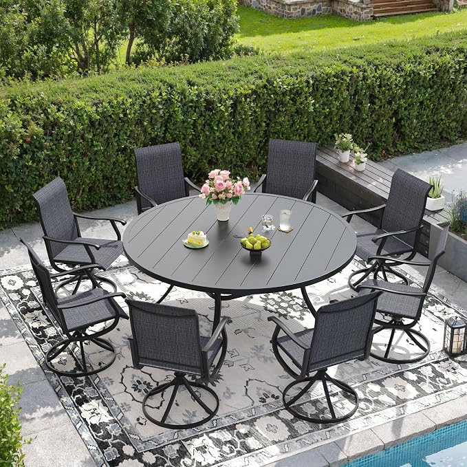 DIFY Outdoor Dining Set for 8, 9 Piece Patio Table and Chairs Set, Swivel Patio Dining Chairs with Dark Grey Textilene & 60" Black Round Metal Dining Table with Umbrella Hole, for Garden Backyard Deck