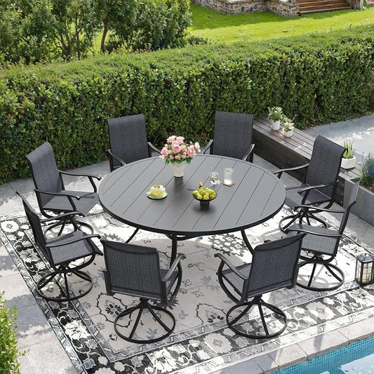 DIFY Outdoor Dining Set for 8, 9 Piece Patio Table and Chairs Set, Swivel Patio Dining Chairs with Dark Grey Textilene & 60" Black Round Metal Dining Table with Umbrella Hole, for Garden Backyard Deck