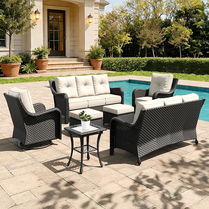 7 Pieces Outdoor Furniture Set with 6-inch Cushions, High Back Wicker Swivel Rocker Chairs with Coffee Table, Luxury Conversation Set for Deck Patio and Poolside