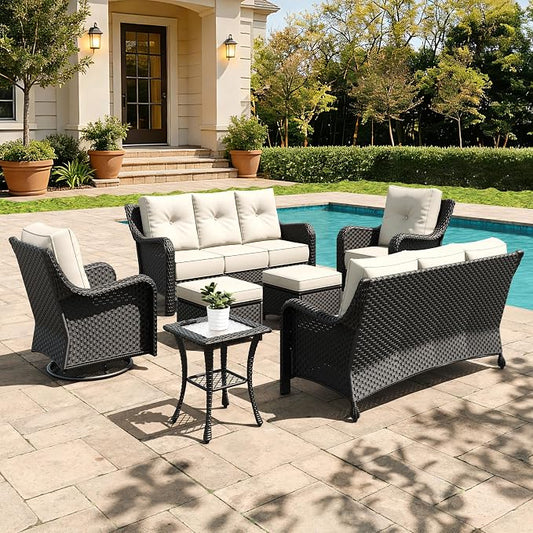 7 Pieces Outdoor Furniture Set with 6-inch Cushions, High Back Wicker Swivel Rocker Chairs with Coffee Table, Luxury Conversation Set for Deck Patio and Poolside