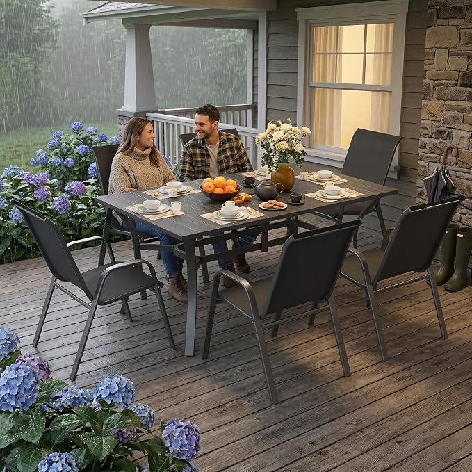 KEIKI Waterproof Patio Table and Chairs for 6, 7-Piece Outdoor Patio Dining Set, 63" x 38" Rectangular Wood-Grain Metal Table with Umbrella Hole for Lawn Garden Backyard, Black