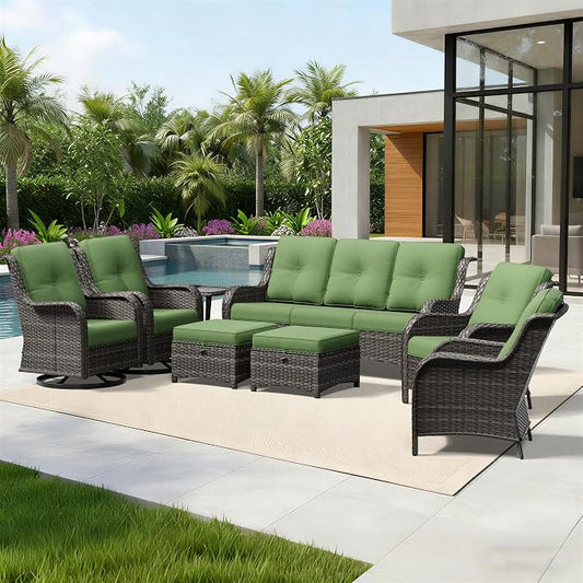 Joyside 8 Piece Wicker Patio Furniture Set, Outdoor Swivel Rocker Patio Chairs with High Back, Deep Seating, Wide Armrest, Thickened Cushions, Outdoor Furniture for Deck, Porch Use