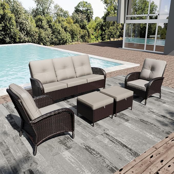 Joyside Wicker Patio Furniture Set, 5 Piece Outdoor Furniture Set with Thickened Cushions, High Back, Deep Seating, Wide Armrest, Rattan Outdoor Chairs for Porch, Deck